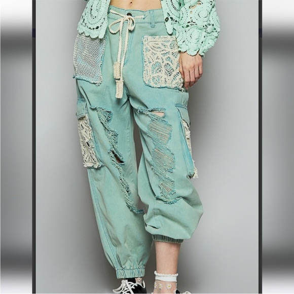 POL Pants - POL Mint Green Distressed Cargo Pants with Lace Accents Small